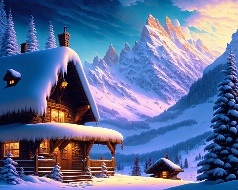 Snow-covered cabin in winter landscape with warm lights and mountain backdrop