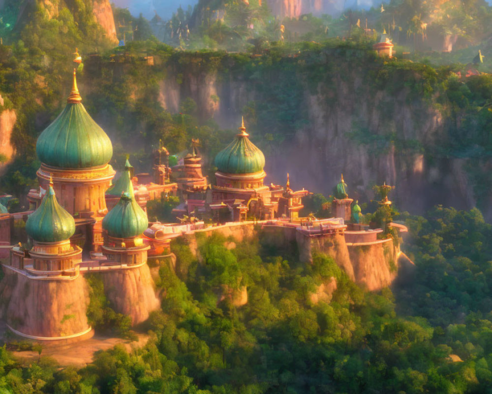 Palace with green domes on cliff in golden haze
