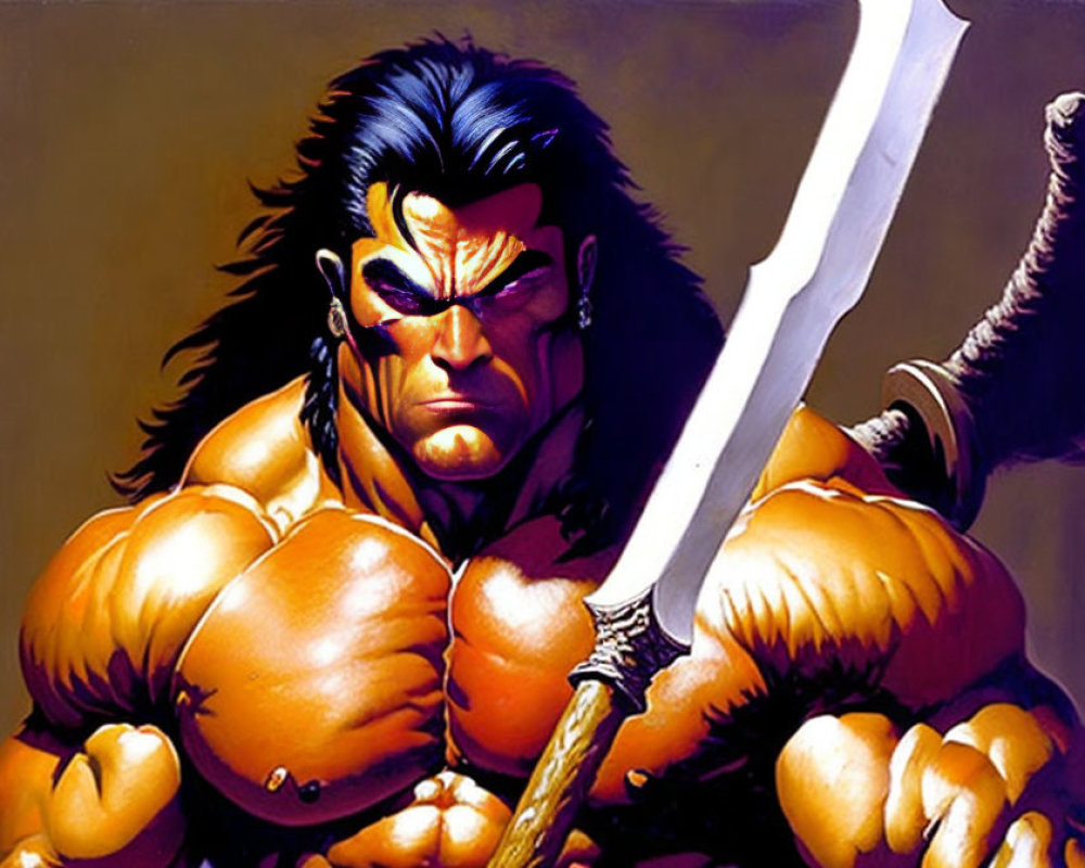 Muscular character with stern expression and black hair wielding large sword