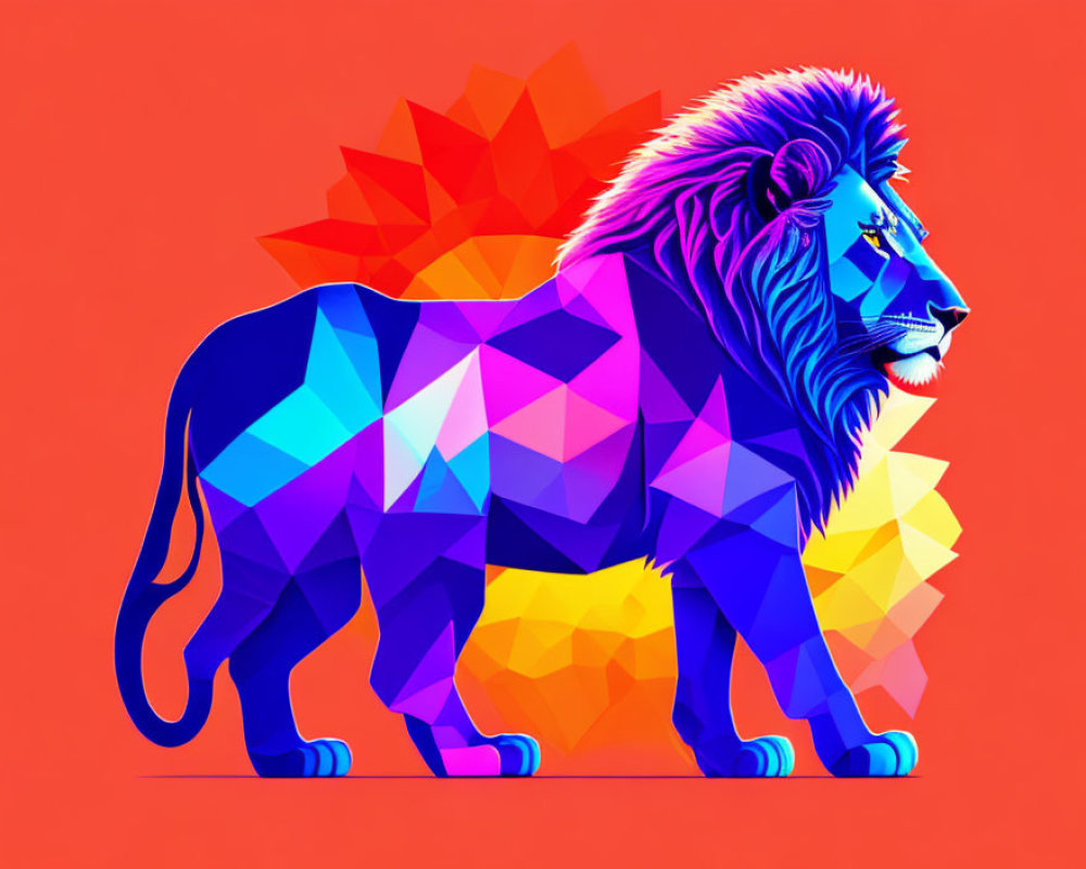 Colorful Geometric Lion Illustration in Blue and Purple on Orange Background