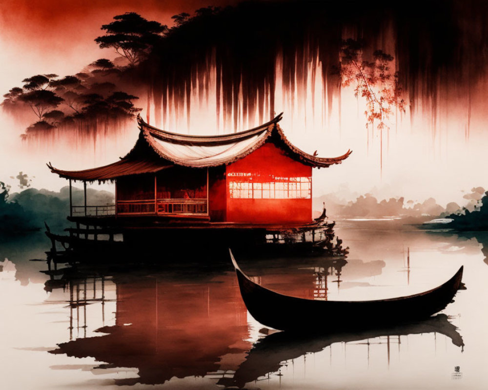 Serene East Asian style building on a misty lake with a small boat