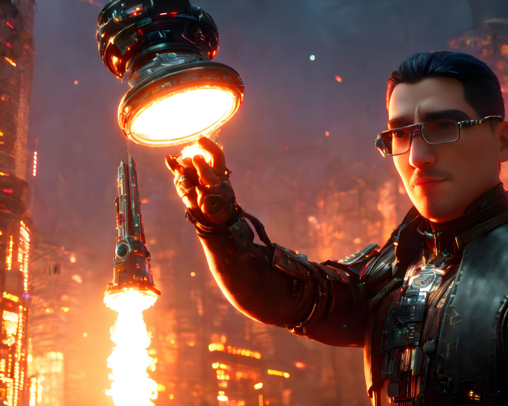 Futuristic man with glowing device and jet-propelled gun in neon-lit city