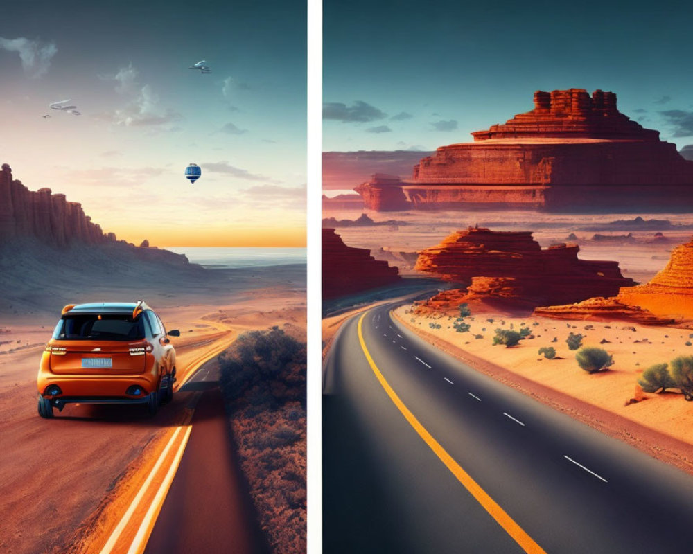 Split Image: Van on Desert Road with Hot Air Balloons and Birds, Scenic Desert Landscape