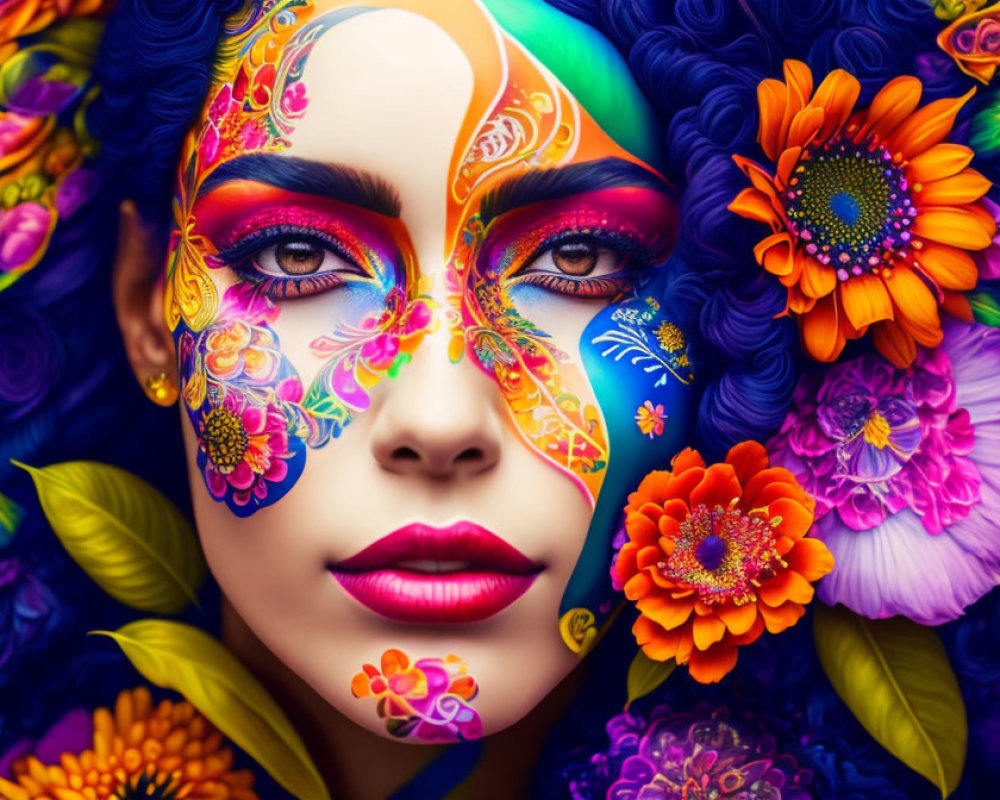 Colorful floral face paint portrait of a woman with flowers in blue hair