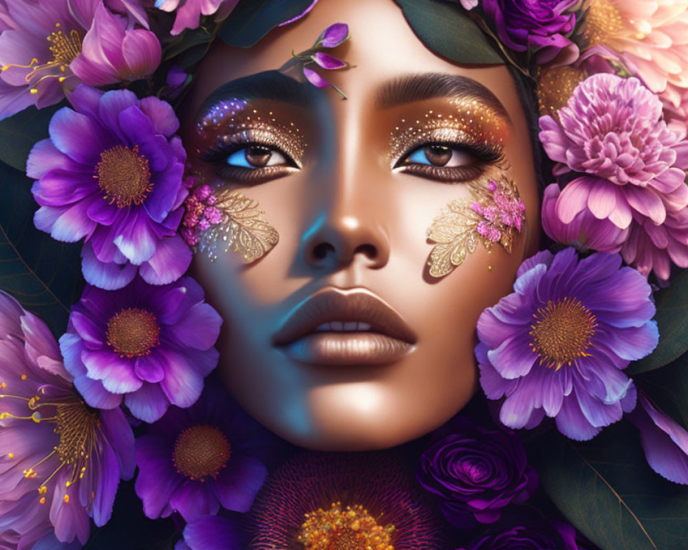Close-Up Digital Artwork: Woman's Face with Sparkly Makeup & Vibrant Flowers