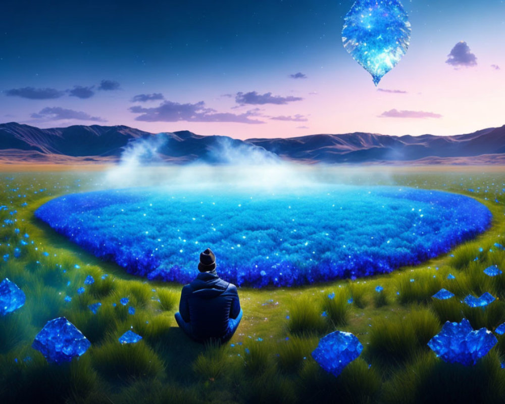 Person observing glowing blue crystal field at twilight