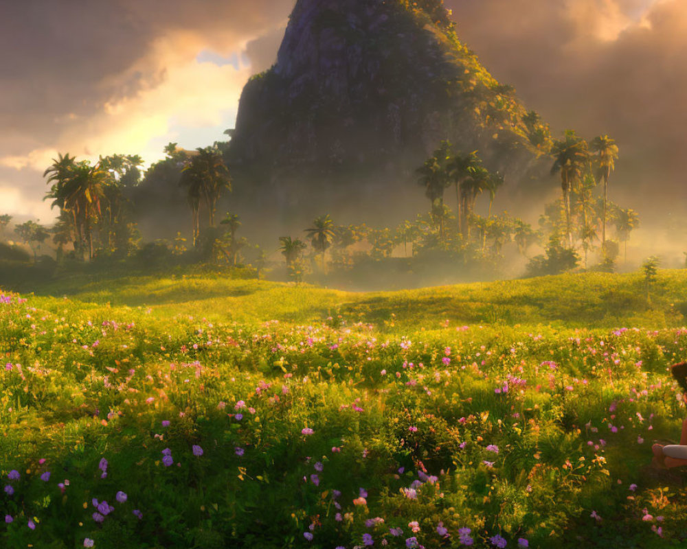 Scenic landscape with flower-filled meadow, palm trees, and misty mountain at sunrise or sunset