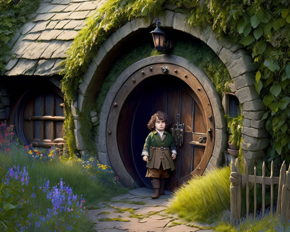 Hobbit in front of cozy hillside house with lush greenery