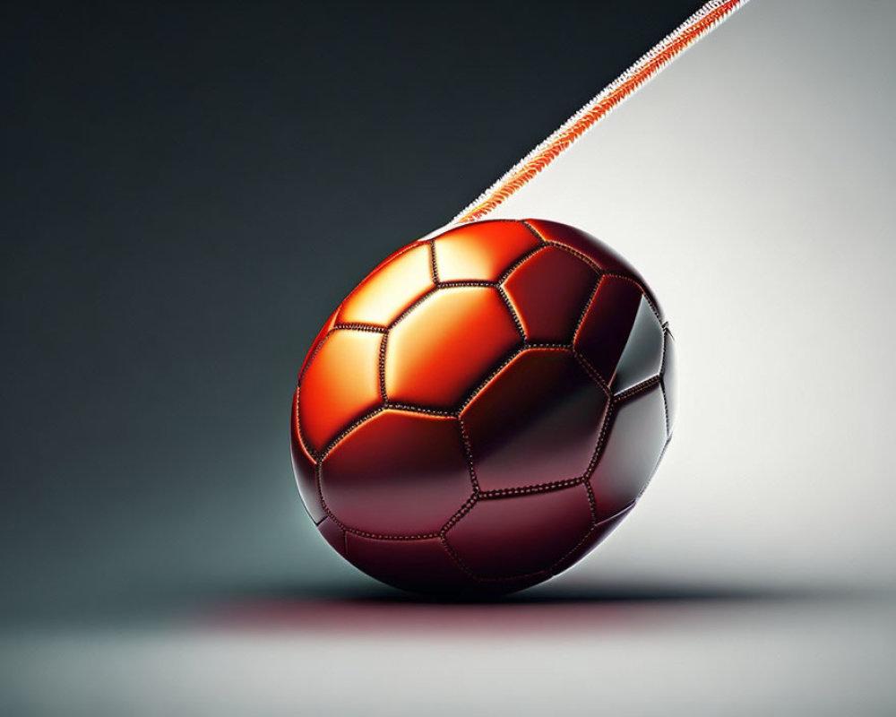 Shiny Reddish-Brown Soccer Ball on Pink Cord Against Grey Gradient Backdrop