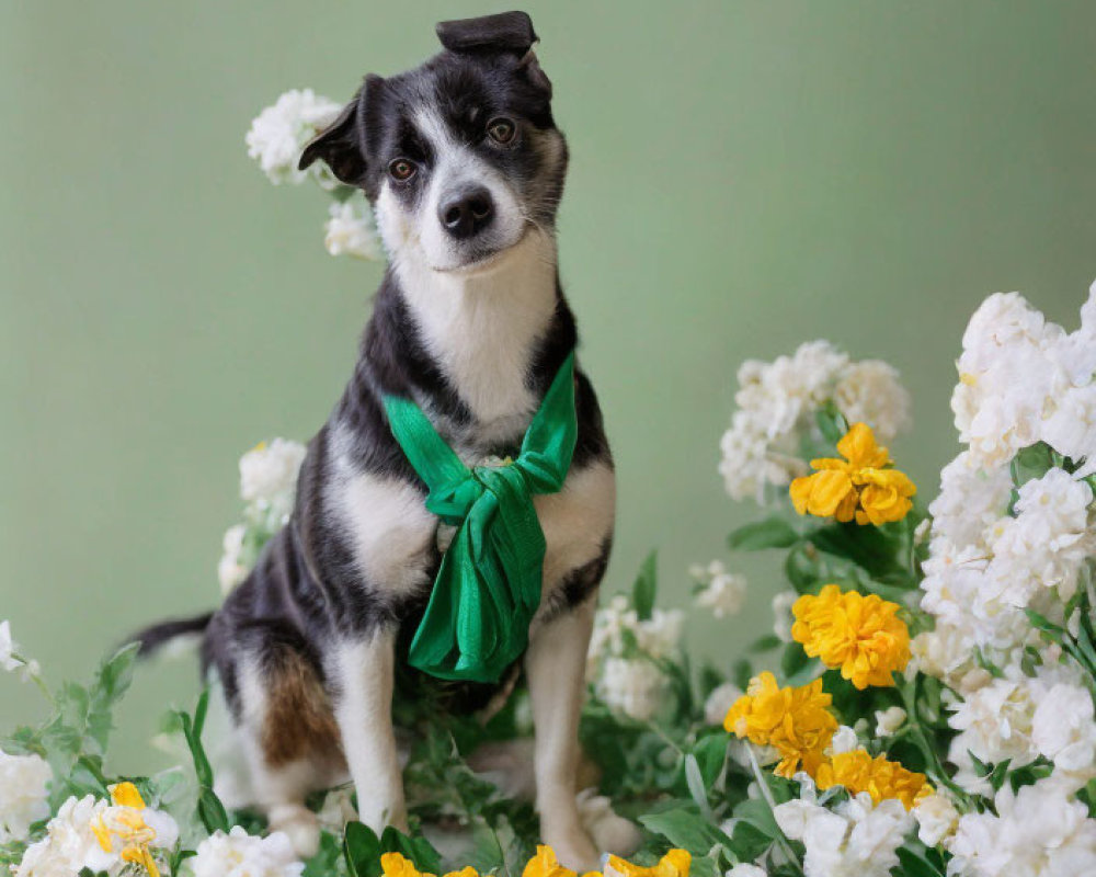 Dog with Green Neckerchief and Bow Among White and Yellow Flowers on Green Background