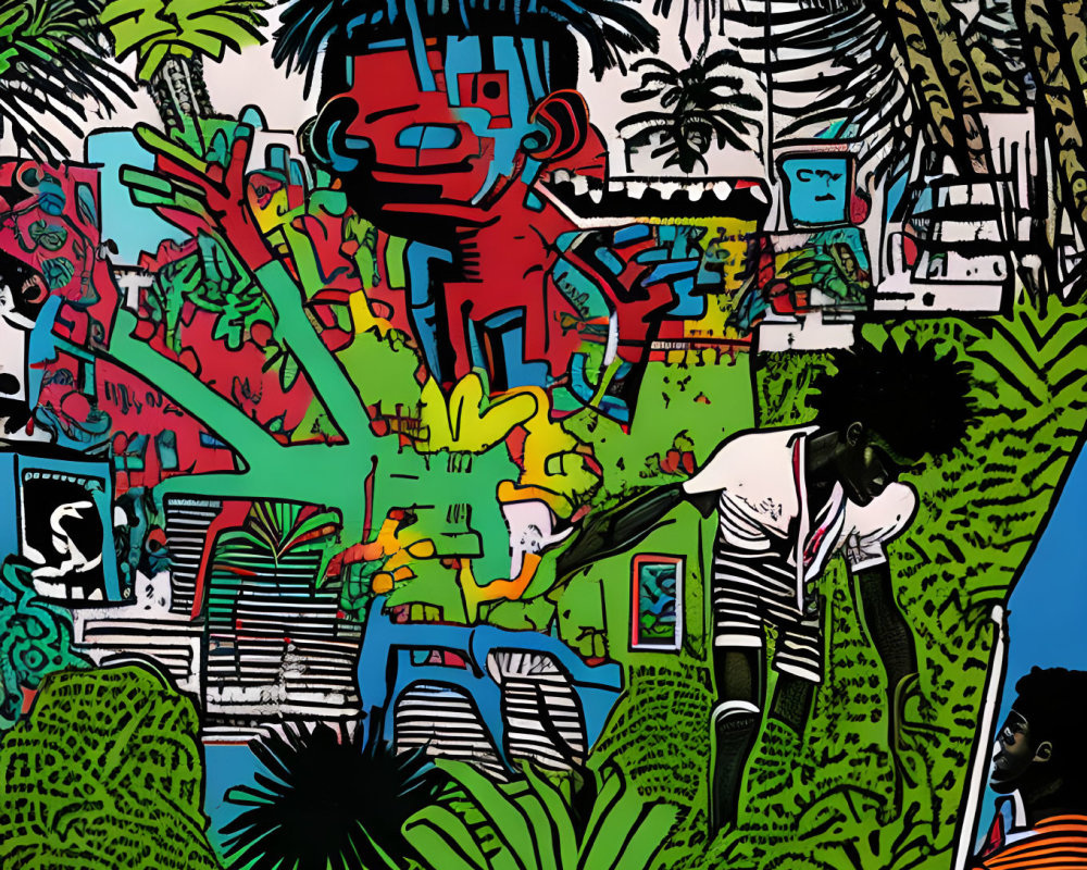 Colorful graffiti art with palm trees and abstract figures in urban settings