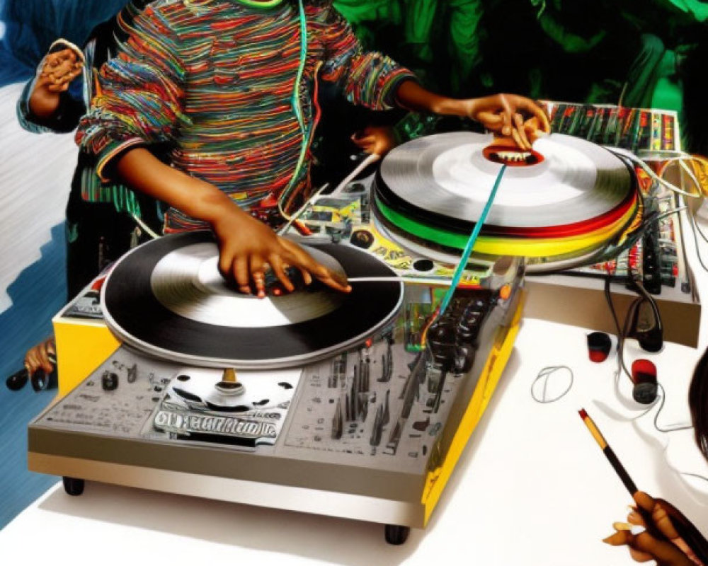 Children DJing with turntables in vibrant setting.