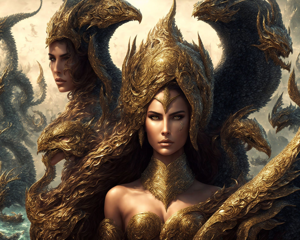 Digital artwork: Woman in golden dragon armor with dragon figure