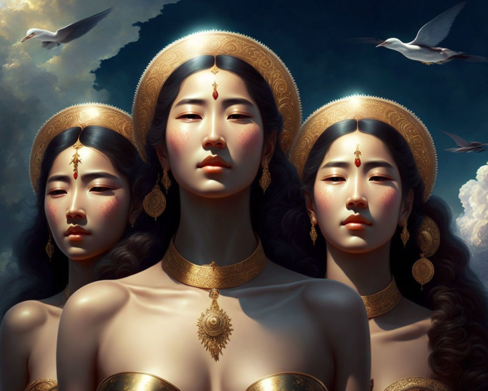 Three women with gold jewelry and a dove in the background.