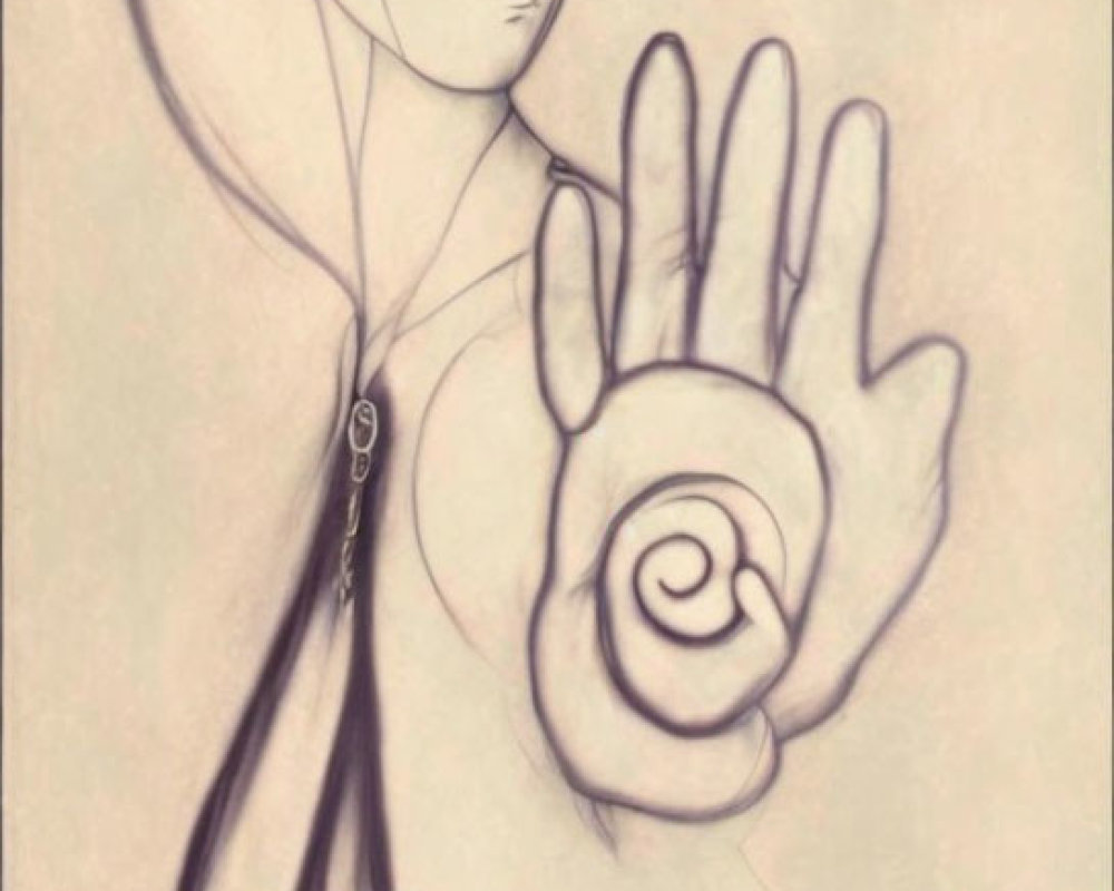 Elongated head and large hand with spiral pattern in surreal sketch