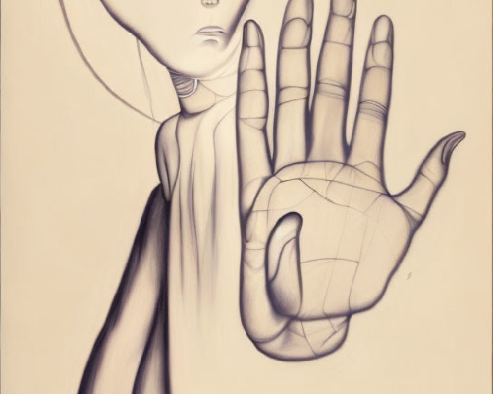 Slender, Bald Humanoid with Large Head and Oversized Hand Illustration
