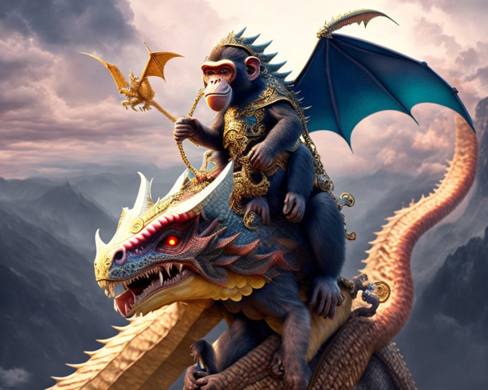 Golden-armored monkey warrior rides red dragon under dramatic sky with tiny winged companion