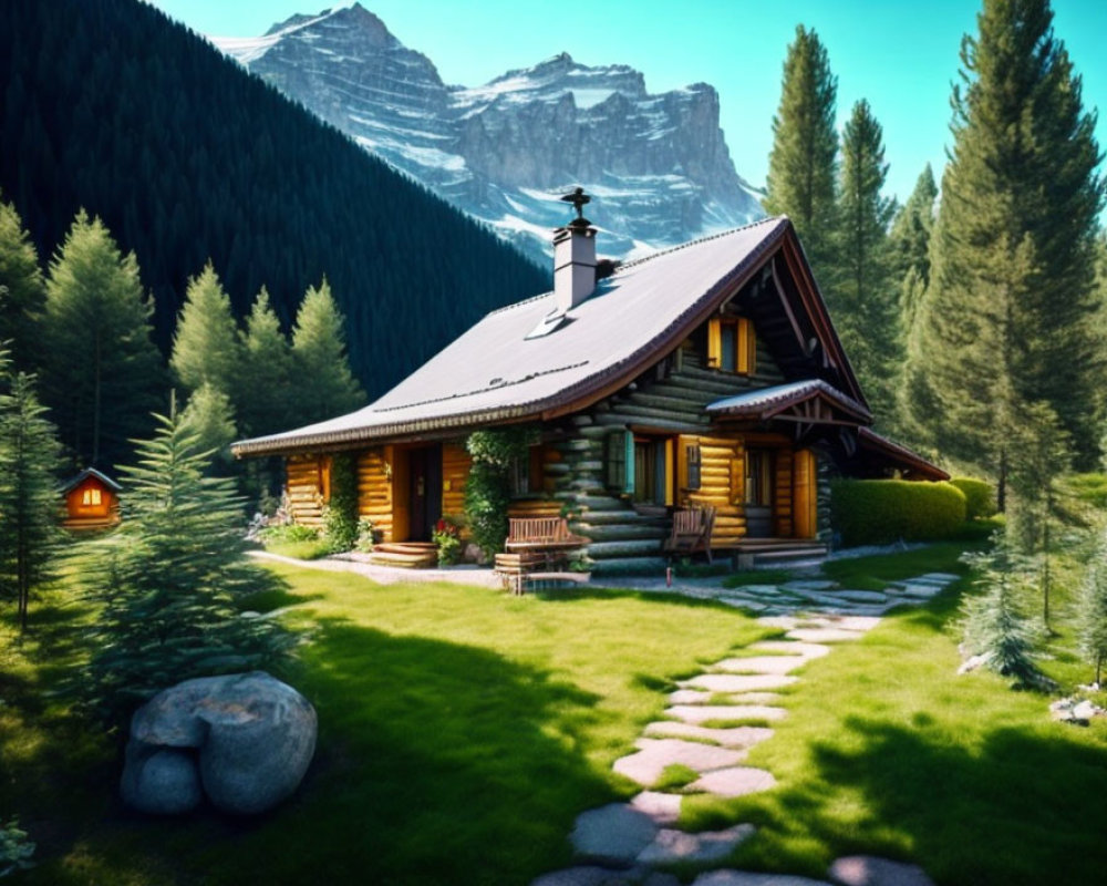 Rustic log cabin nestled among pine trees with mountain view