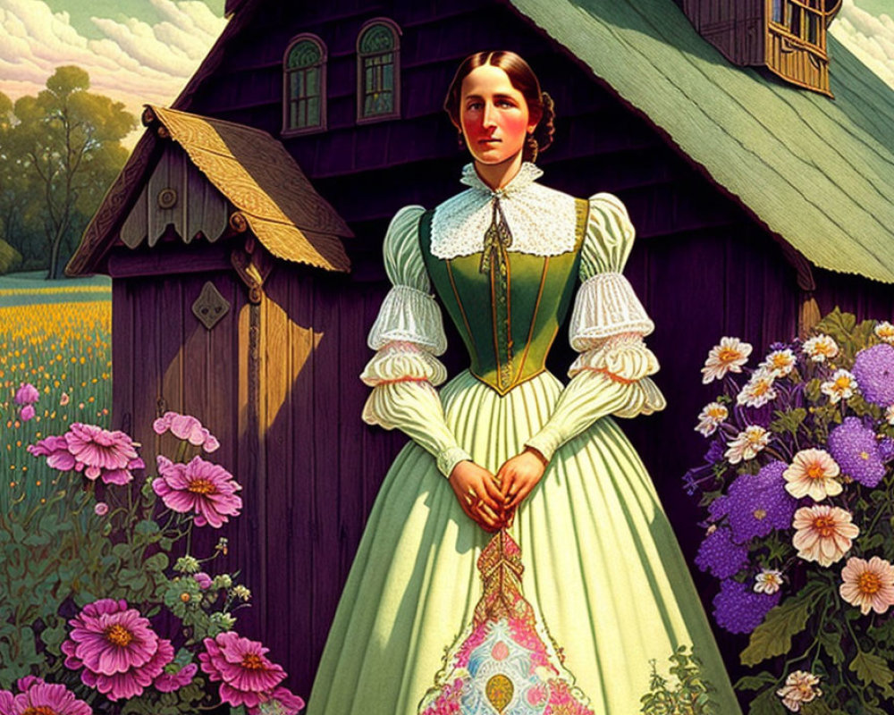 Traditional dress woman painting with wooden house and purple flowers.