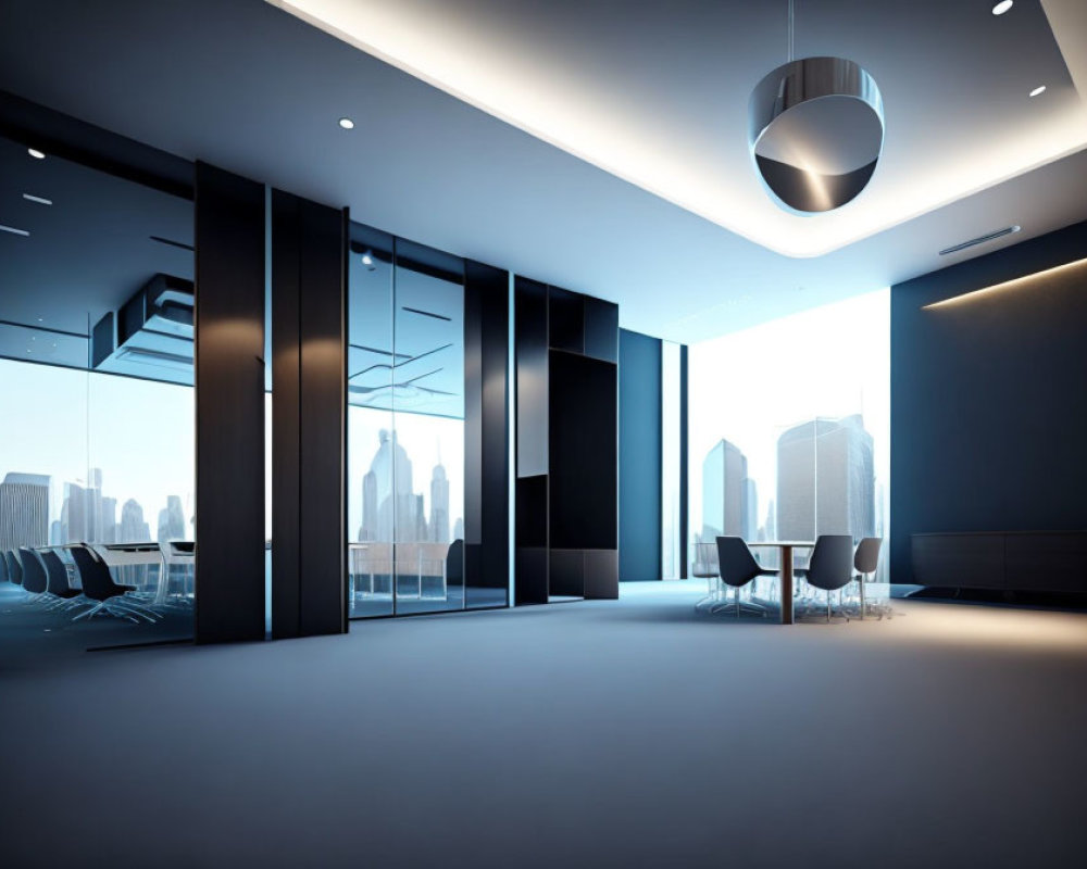 Modern Office Space with City Skyline Views & Minimalist Decor
