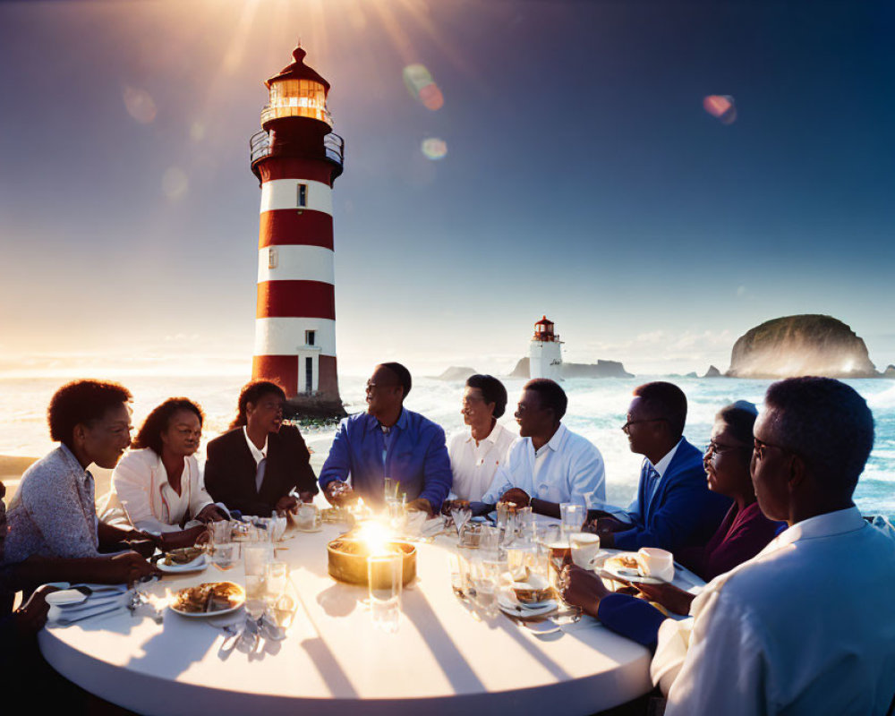 Group dining at round table by sea with red and white lighthouse in background.