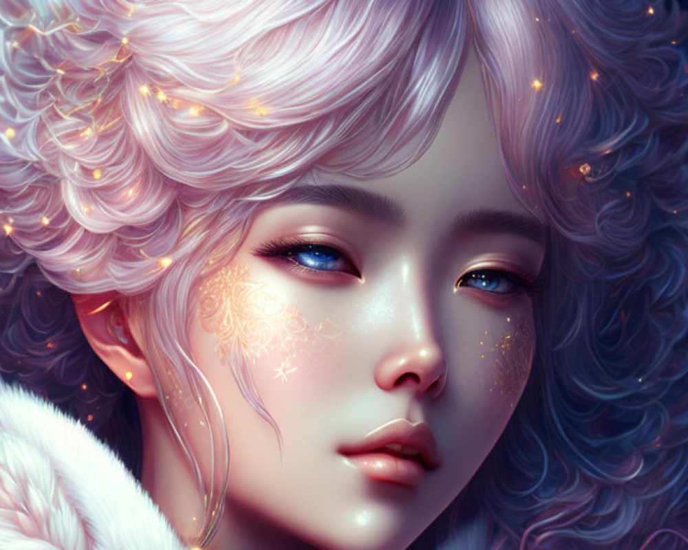 Digital artwork: Person with pinkish-white hair and blue eyes in ethereal setting
