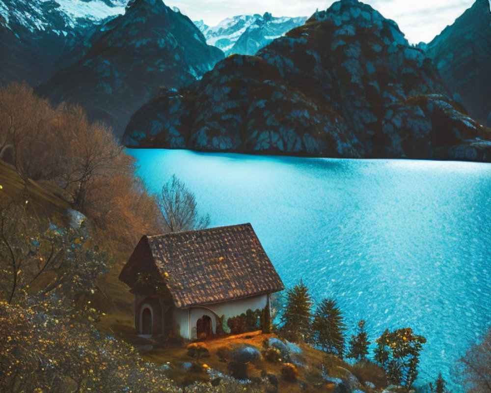 Tranquil lake at twilight with cottage, flowers, and mountains