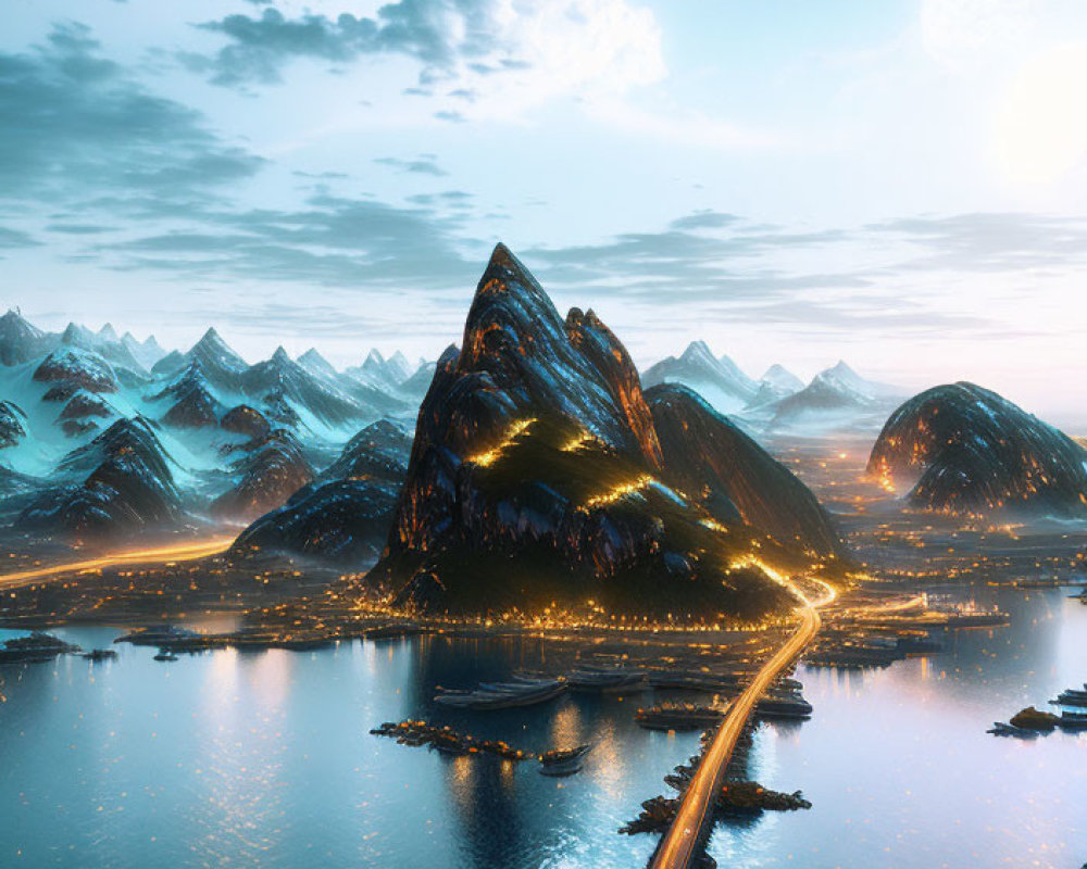 Tranquil bay with illuminated bridge and steep mountains under twilight sky