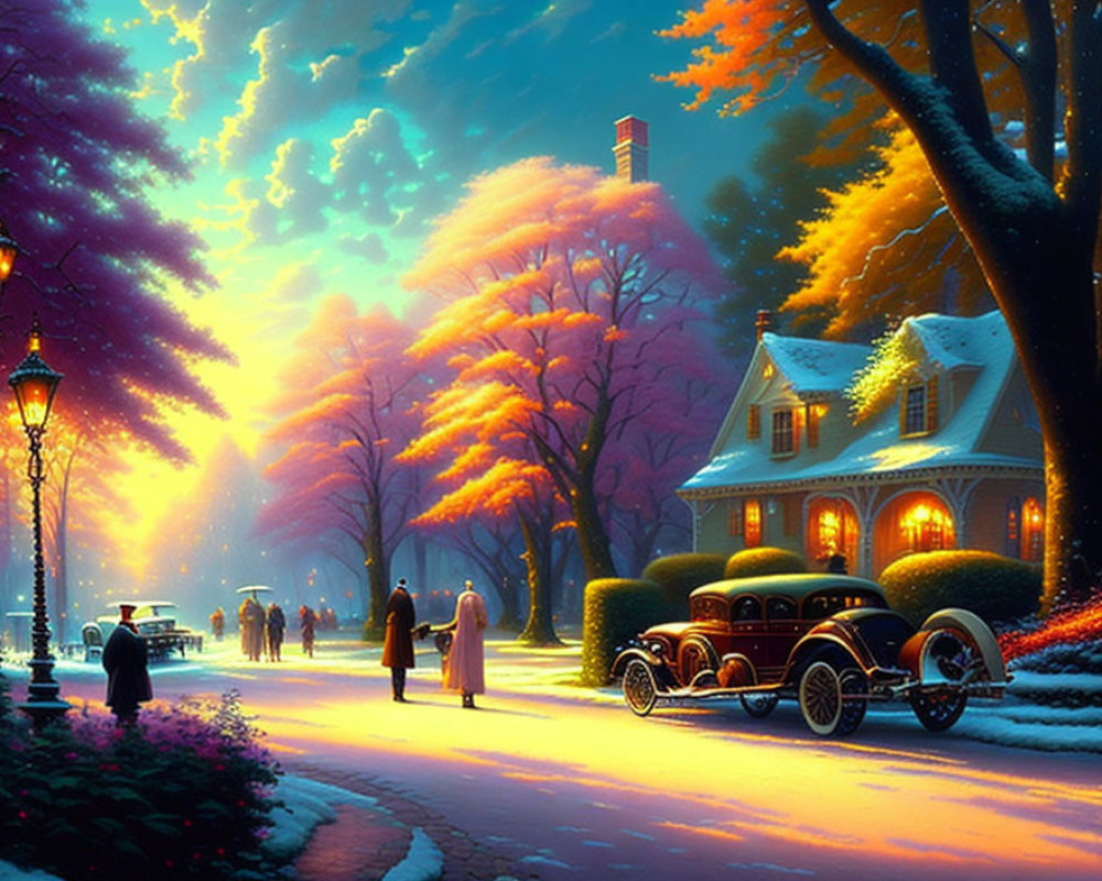 Vintage scene: People near classic car on tree-lined street at sunset
