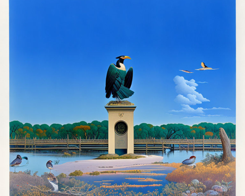 Colorful bird painting with pillar, flying birds, lake, and flora