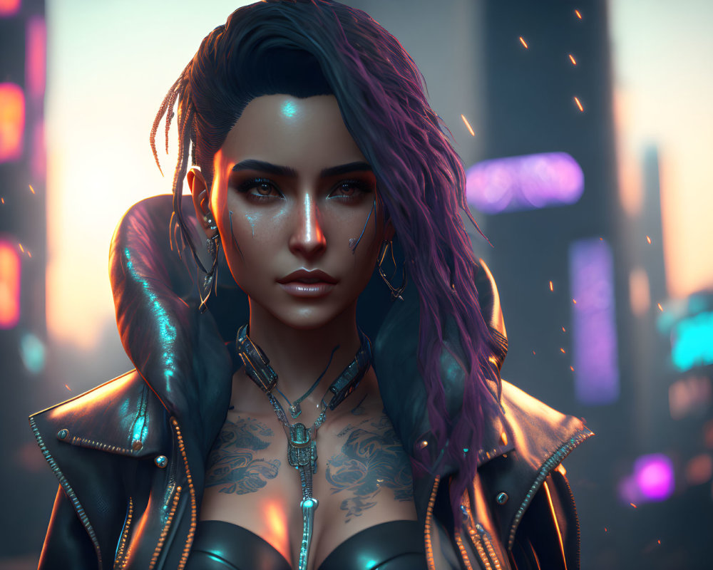 Digital portrait: Woman with purple highlights, tattoos, leather jacket, neon cityscape.