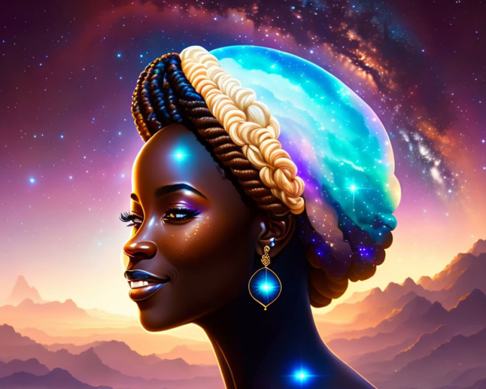 Vibrant digital art: woman with afrofuturistic hairstyle in cosmic scenery