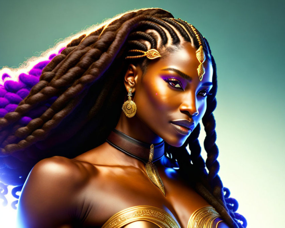 Intricate braids and golden jewelry on woman against teal background