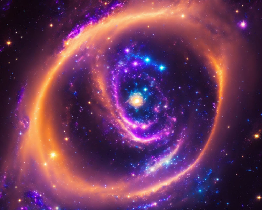 Spiral galaxy with swirling arms and nebulous clouds in purple and golden hues