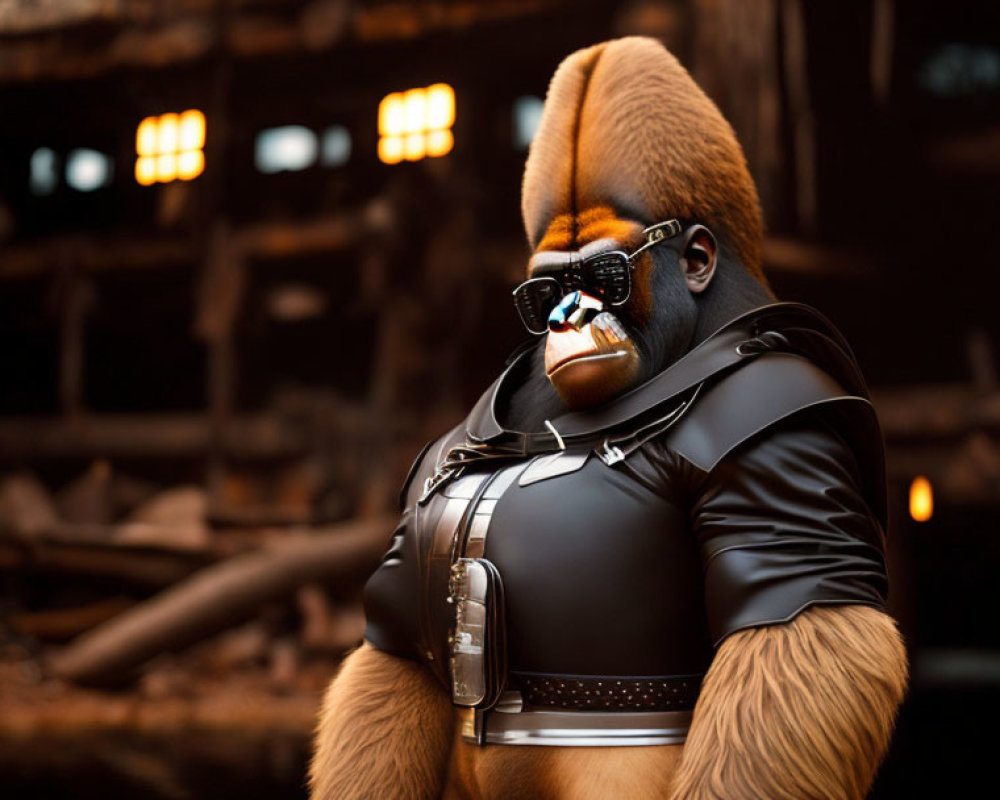 Stylish Gorilla Character in Black Leather Attire and Sunglasses in Industrial Setting