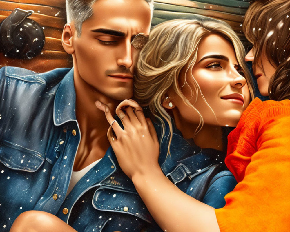 Illustration of three people with stylized features in a romantic scene