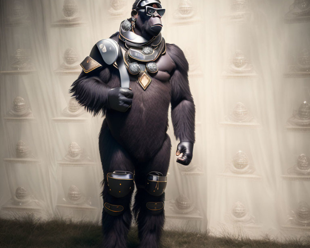 Anthropomorphic gorilla in futuristic armor with headset and visor