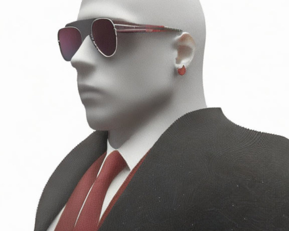 Stylish mannequin in sunglasses, dark jacket, and red tie