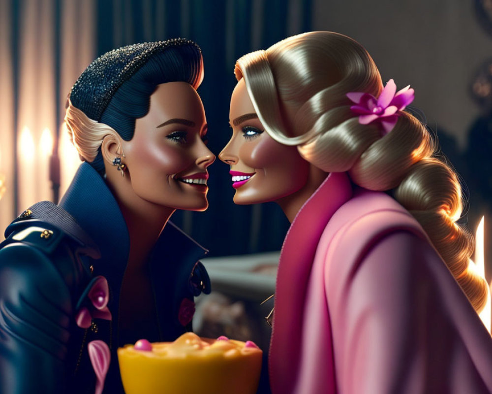 Stylized female figures with radiant smiles in warm, dimly lit setting