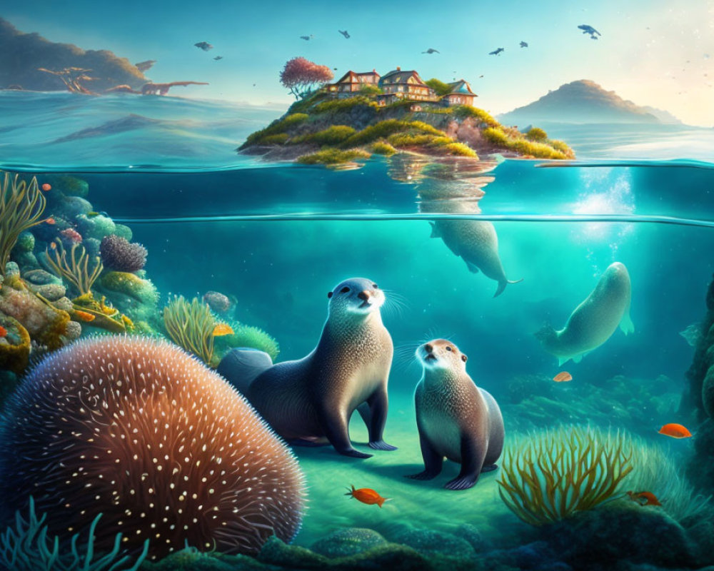 Colorful Underwater Scene with Otters and Island House Split View