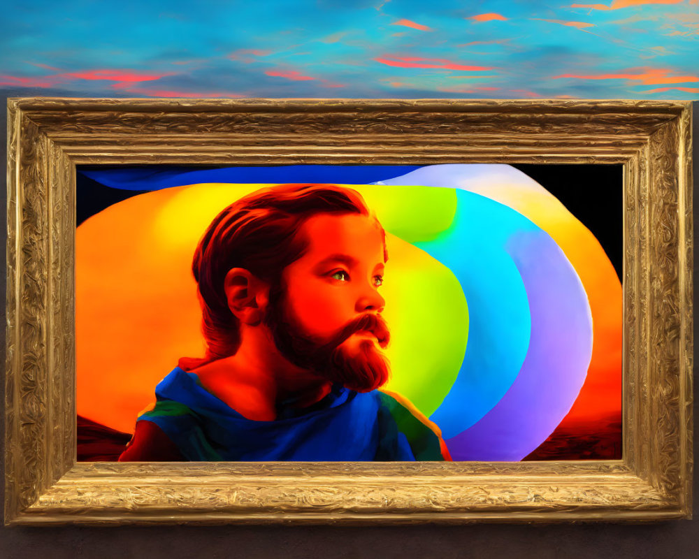Framed Painting: Child with Neon Aura on Dusk Sky