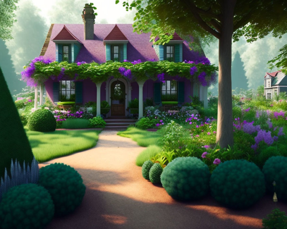 Purple-roofed house surrounded by climbing flowers in lush garden