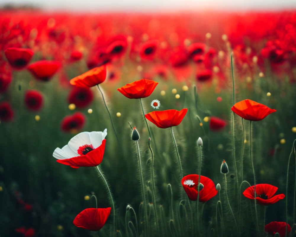 Vibrant red poppies in serene field under sunlight