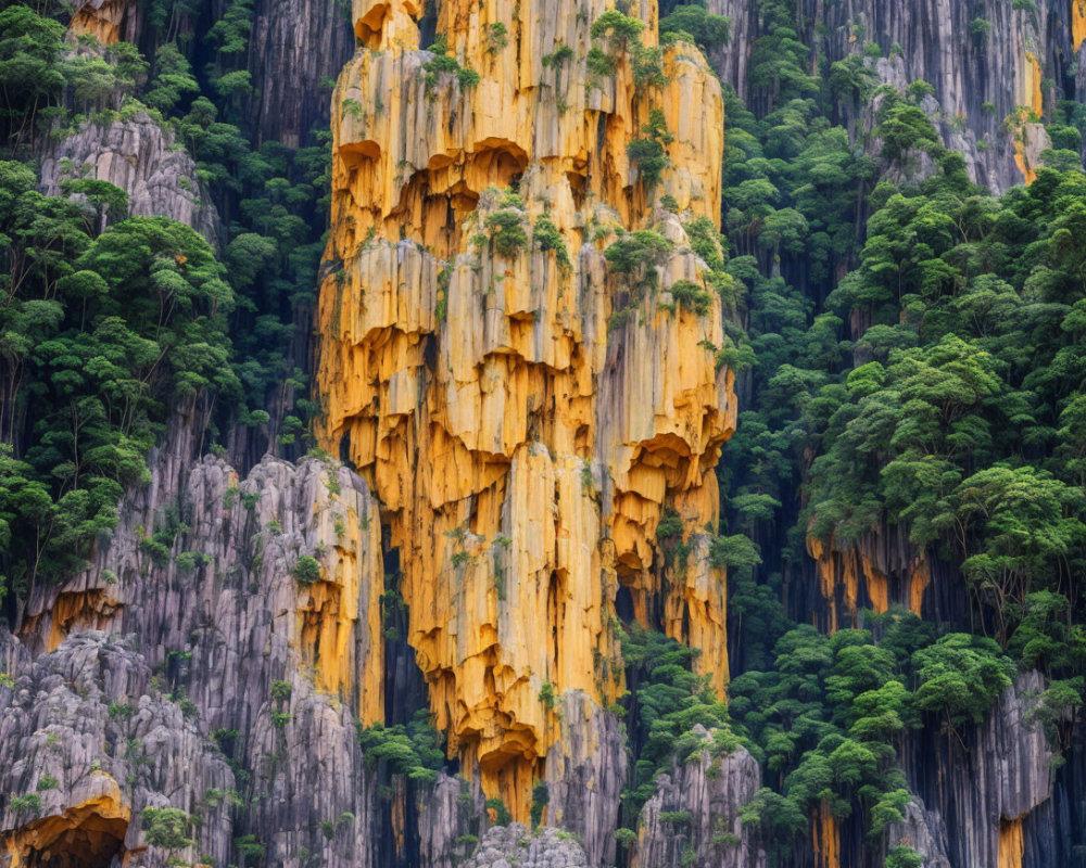 Yellow limestone karst cliffs with lush greenery and sandy shore