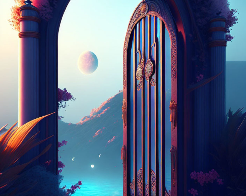 Ornate arch door on cliff with serene landscape and purple sky