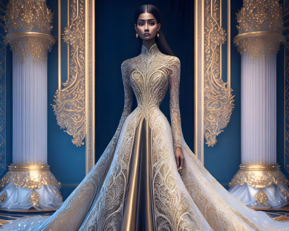3D-rendered female figure in ornate gold and white gown in lavish hall