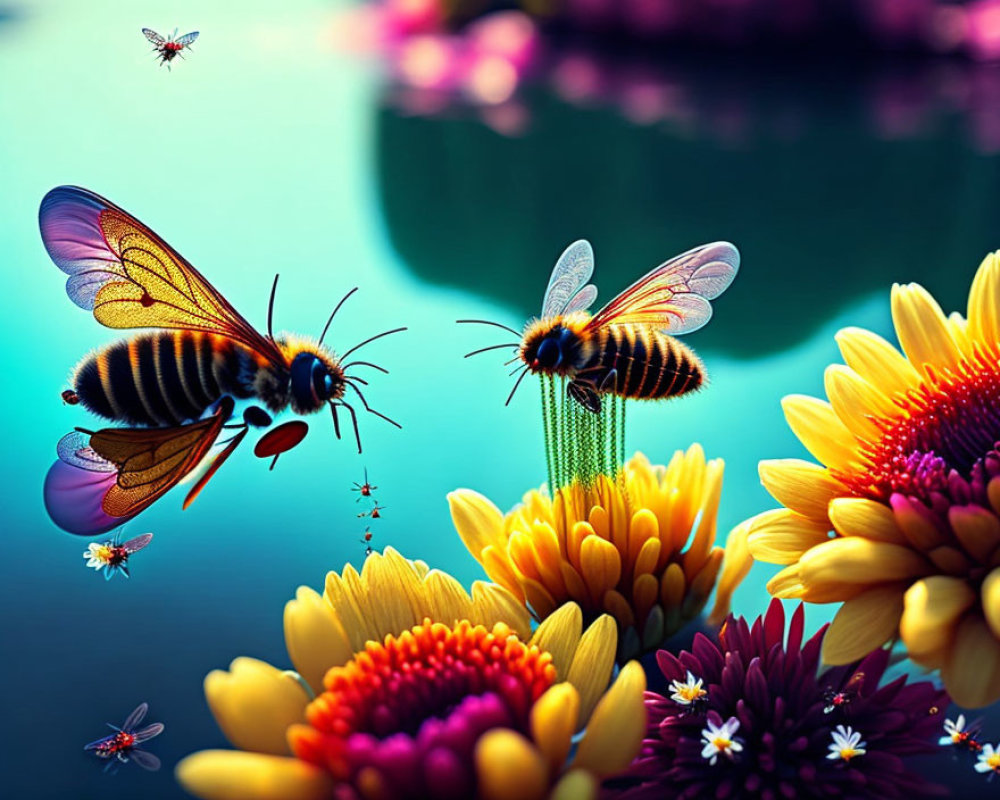 Vibrant yellow flowers with bumblebees and butterflies in surreal background