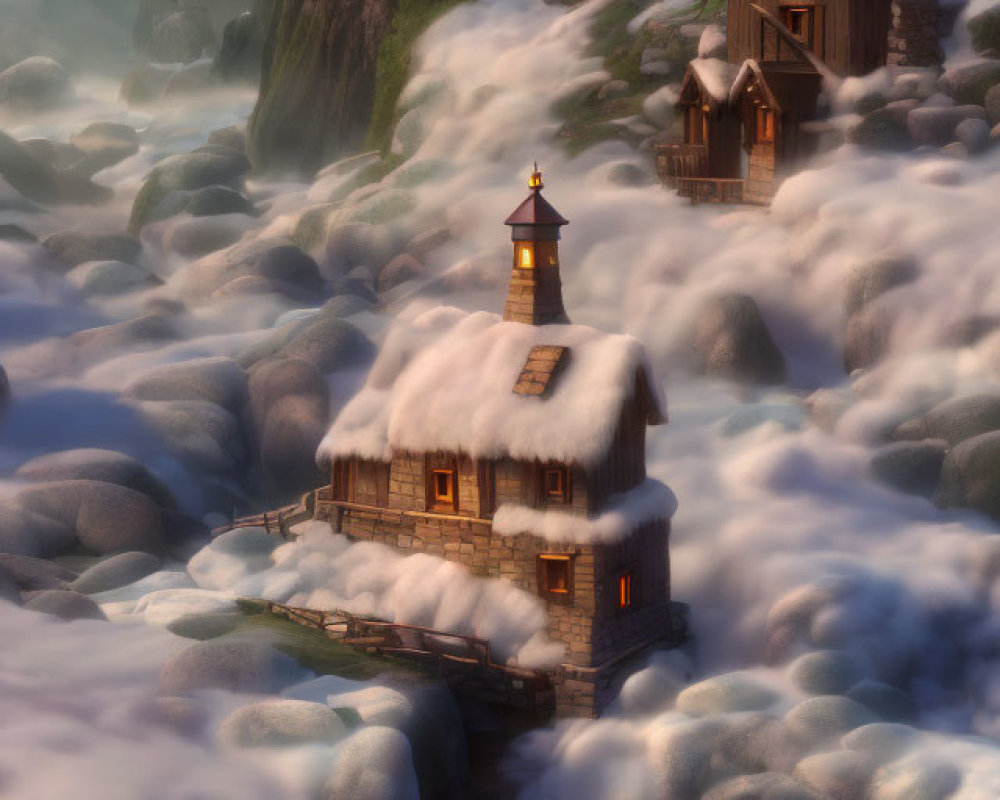 Snow-covered village with cozy houses and lighthouse on hill