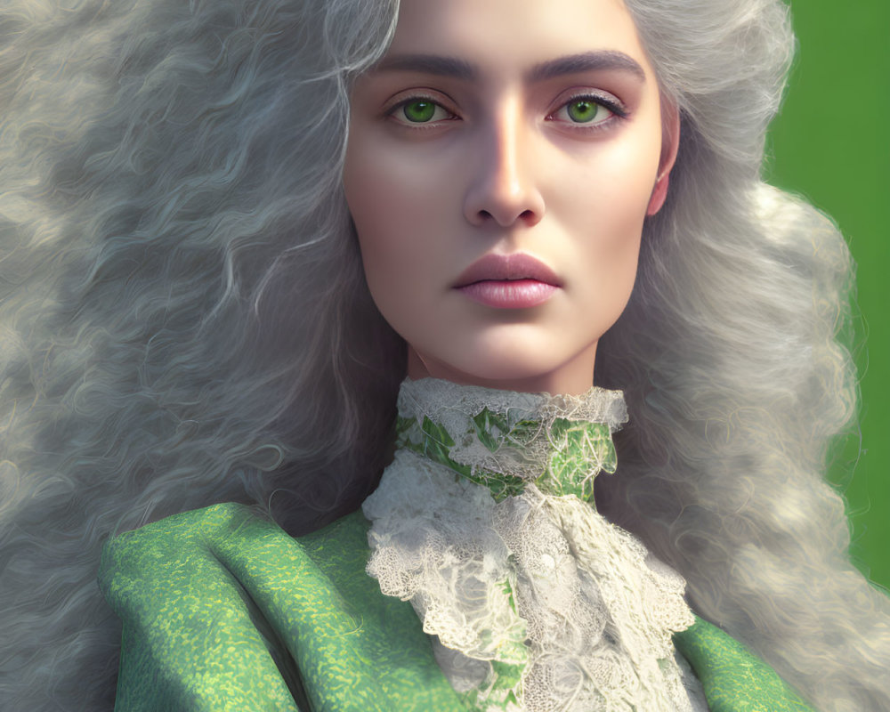 Woman with Curly Grey Hair and Green Eyes in Green Jacket Portrait