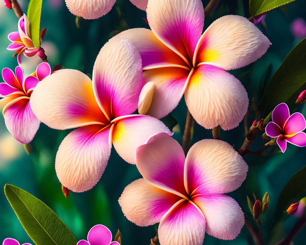 Colorful Plumeria Flowers on Lush Background